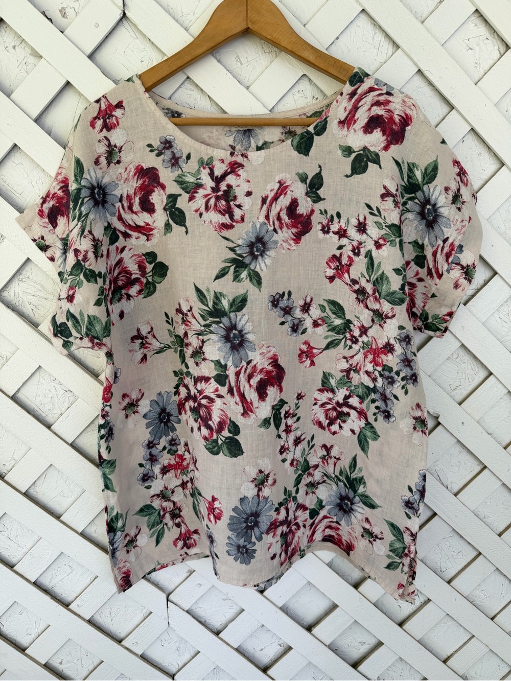 Bellambra Floral Short-Sleeve 100% Linen Tunic Top size Large